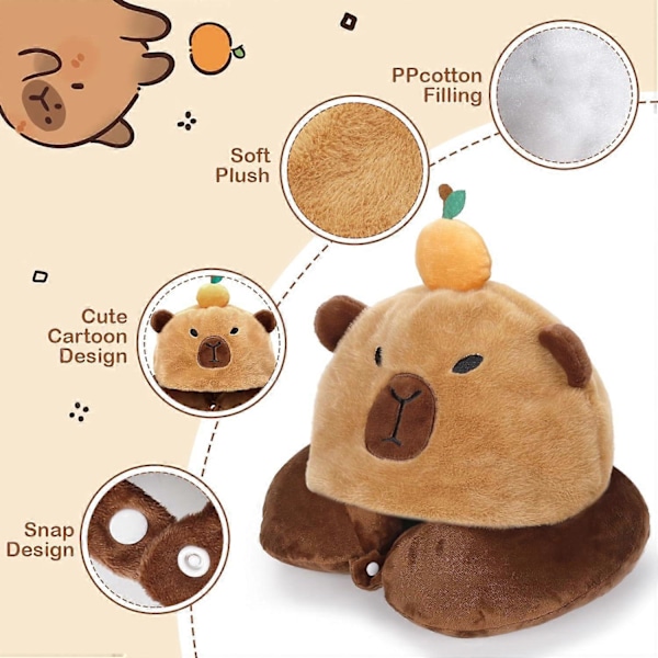 Capybara U-formad Resepillow med Huva, Nacke Stöd Plush Pillow, Huvad Sovtillbehör Nacke Hakstöd Fylld Djur Kudde för Flygplan