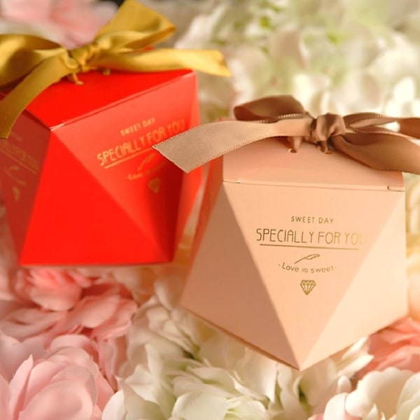 5 stk. Bryllup Diamantformet Romantisk Kreativt Bryllupsudstyr Bryllupsslik Gaveæske Pink-Rose Red Ribbon