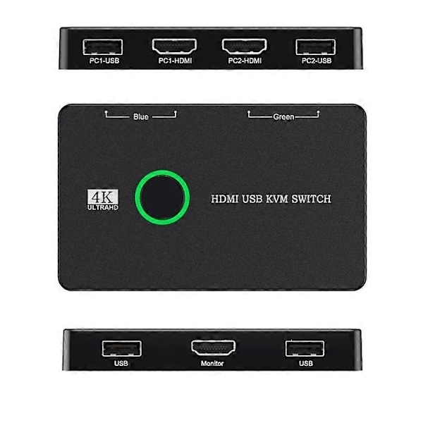 KVM-switch 2 Portars Box USB och HDMI-kompatibel Switch för 2 datorer som delar tangentbord, mus, skrivare a