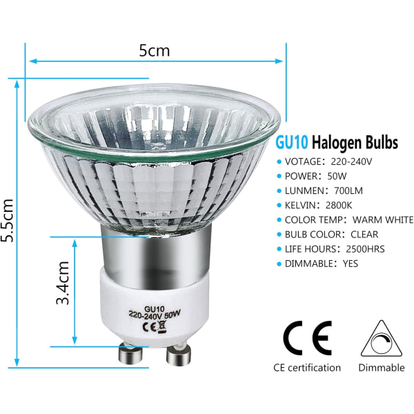 GU10 halogenlampe 50W dæmpbar, 220V GU10 halogenlampe 2 ben, 2800K varmt hvidt lys, 700 lumen