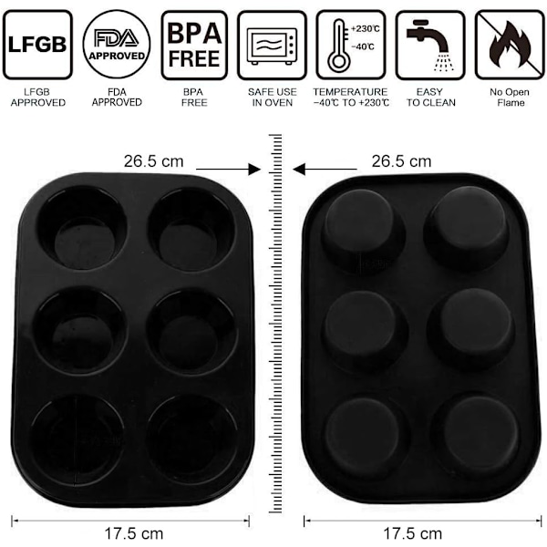 6 Kopper Muffinsbrett - Non-stick BPA-fri og oppvaskmaskinsikker Cupcake-panne Svart