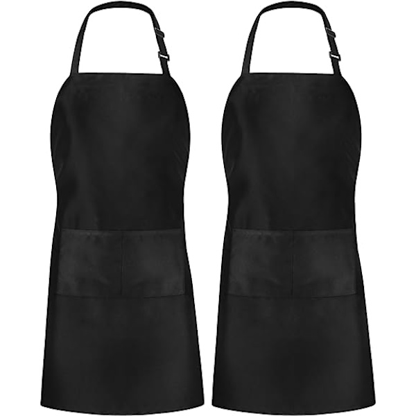 2-pack justerbar haklappsförkläde med 2 fickor Vattenavvisande matlagningsköksförkläde för män, kvinnor med långa band