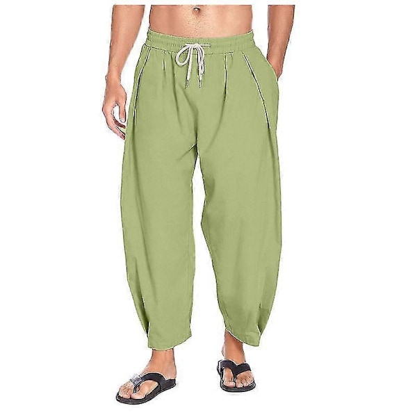 Herr Bomull Linne Haremsbyxor Dragsko Lediga Croppade Byxor Lätta Lösa Yoga Strandbyxor Med Fickor XXXL green