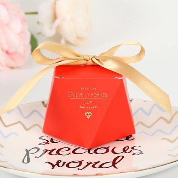 5 stk. Bryllup Diamantformet Romantisk Kreativt Bryllupsudstyr Bryllupsslik Gaveæske Red-Gold Ribbon