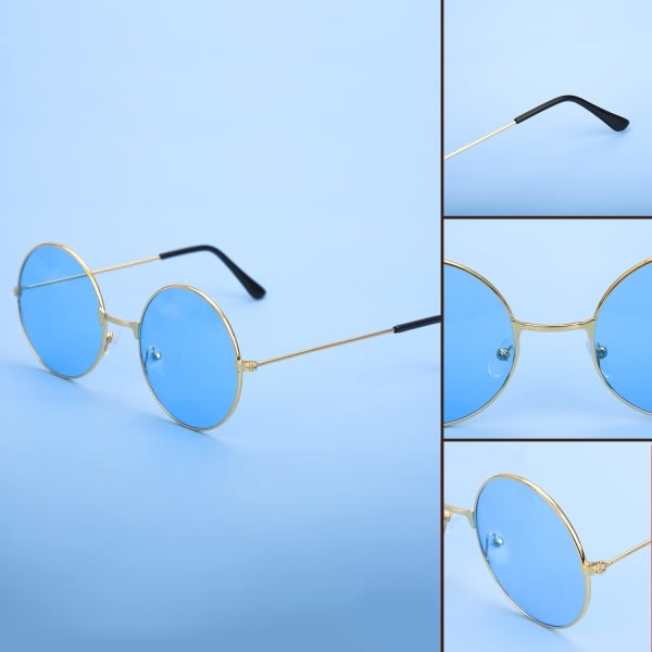 Pakke med Hippie-solbriller - Runde solbriller med metallramme Retro sirkelbriller for Fancy Dress Hippie-kostymetilbehør (rosa, blå, gul)