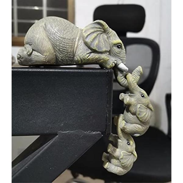 Samlarobjekt Elefant Hylla Sitter 3 st Set, Moder Elefant Hänger Bebis Elefanter på Kanten, Kamindekoration, Handmålade Hartsfigurer