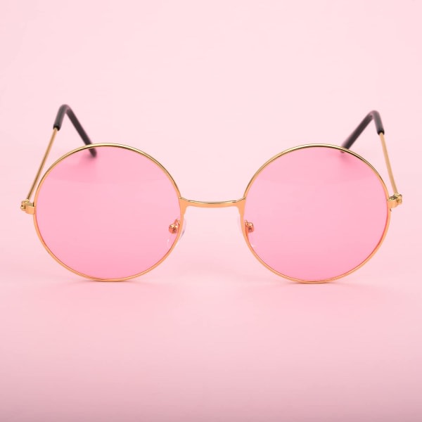 Pakke Hippy Solbriller - Runde Metalramme Solbriller Retro Circle Briller til Fancy Dress Hippie Kostume Tilbehør (Pink, Blå, Gul)