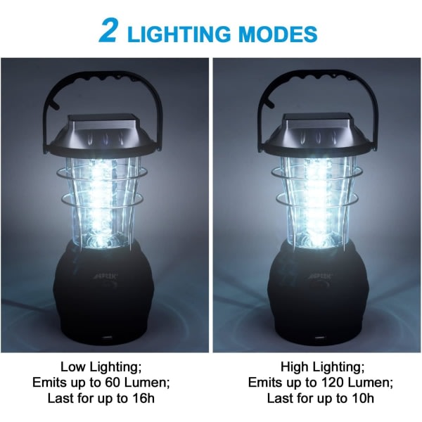 IC Sollampa, ultrastark LED-campinglampa, 2 justerbara ljuslägen, 5 laddningsmetoder, med handvevdynamo, lång
