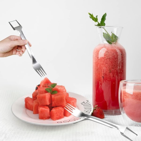 2 i 1 rostfritt stål fruktskivor vattenmelon väderkvarn skärare grönsaksskärare dubbla huvud fruktgaffel (3 delar)