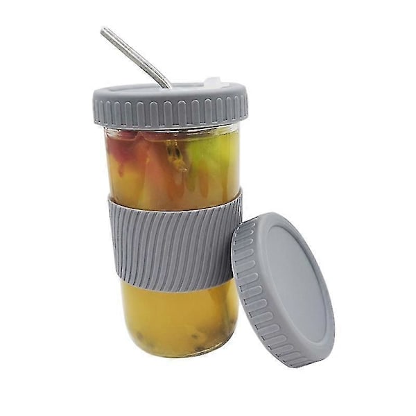 1 Set Vattenkopp Miljövänlig Med Lock Glas Smoothie Te Drickande Sugrör Flaska För Kontor Grey
