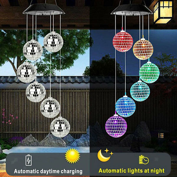 Hängande LED Solcellsdriven Vindspel med Ljusspegelskula