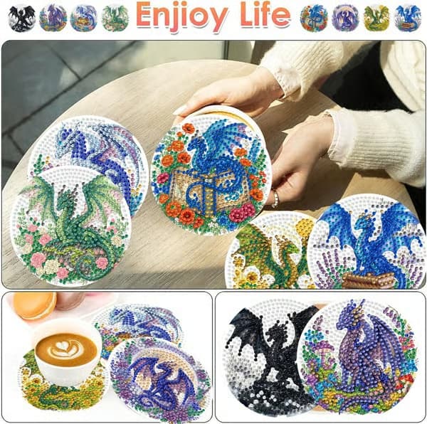 igoodom 8 stk. Dragon Diamond Art Coasters Sæt med holder, Diamond Coaster 8 Pcs Coaster(10cm Dia) MB636