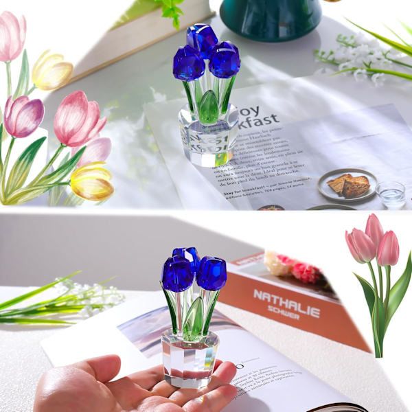 Krystall Tulipan Blomsterbukett Figur Samleobjekter Gaver til Kvinner, Glass Blomster Midtstykke Ornamenter til Jul Bursdag med 3 Blomster Blue