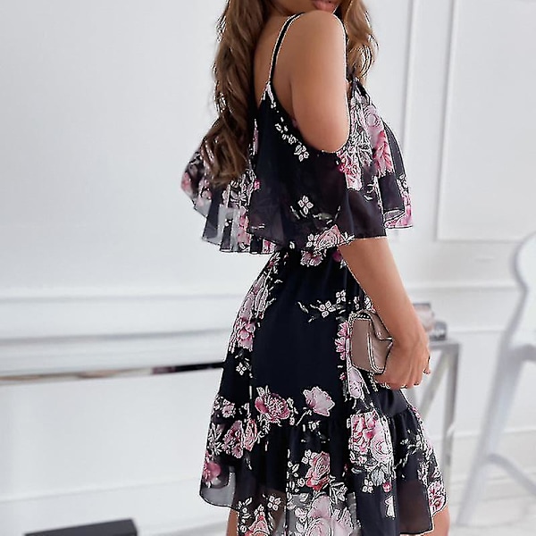 Dame Sommerkjole 2022 Vår og Sommer Chiffon Trykt Off-the-shoulder Stropp Sexy Kjole Black Xl