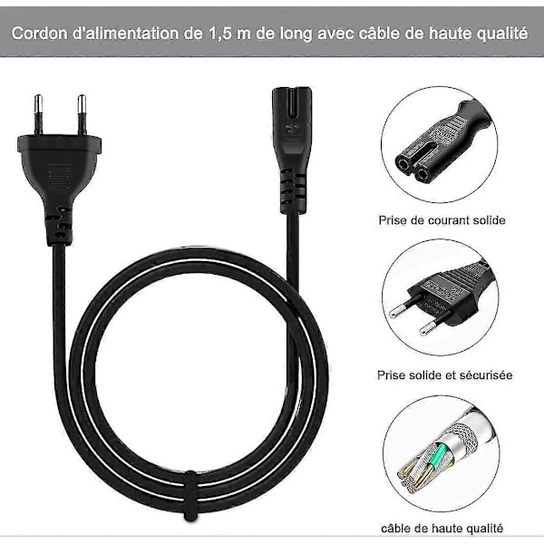 1,5 m laderkabel med 2-polet støpsel for Microsoft Surface Go/bærbar/bok, Surface Pro 1/2/3/4/5/6/7/x, HP Envy, Canon Pixma