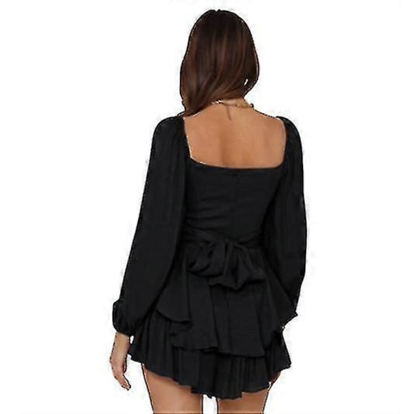 Långärmad minishorts-romper med volanglager och knytning för dam M Black