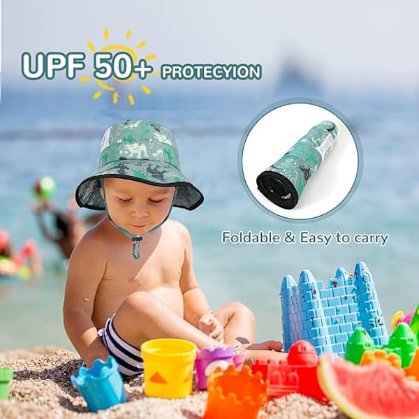 Solhat til småbørn, sommerhat med bred skygge, strandhat med hagerem, UPF50, dinosaurklaphat til børn, 2-10 år