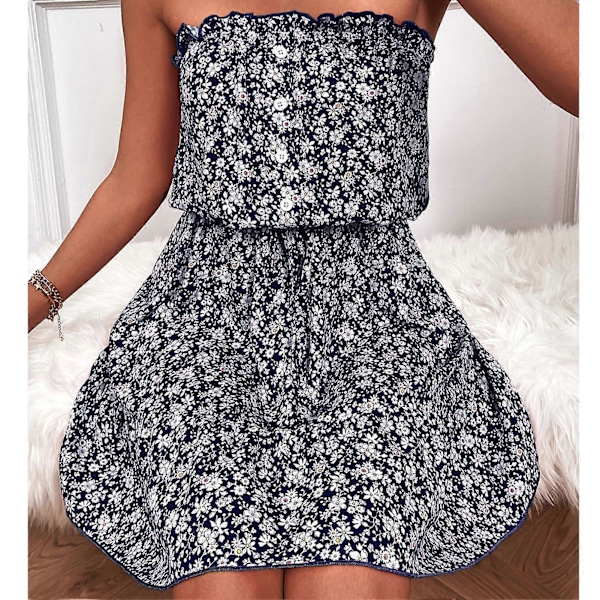 Trendig Mörkblå Axelbandslös Off Shoulder Klänning - Trendigt Blommönster Sommarkläder, L