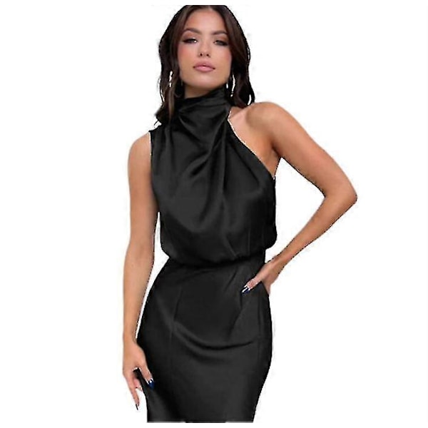 Sommerkjole i sateng for kvinner, uten ermer, plissert og lang Black XL