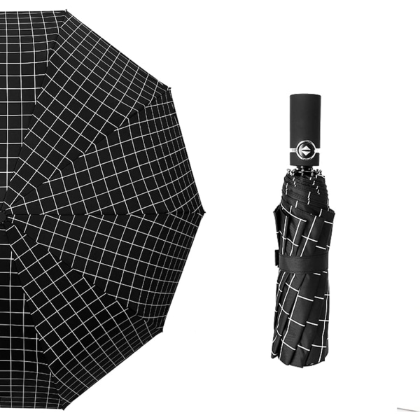 Unisex sammenleggbar automatisk paraply, soltett, regntett, vindtett paraply, paraplyduk/ribber/mellomstangsmateriale, slagduk/fiber/legering black