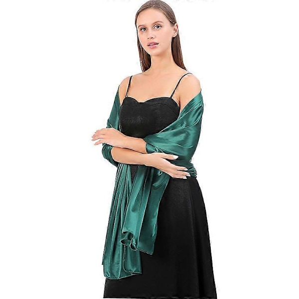 Dam Silke Satin Lång Sjal Omlott Lätt Solid Aftonklänning Bröllopssjal Dark green