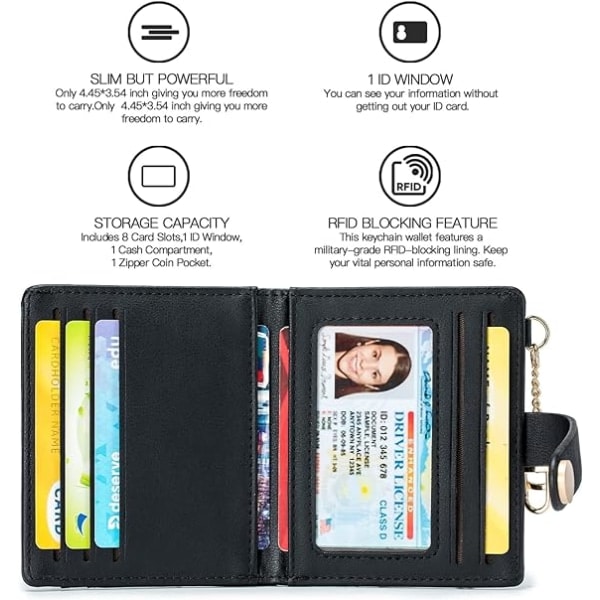 Damplånng Plånbok RFID-Blockering Bifold Kortfodral med Dragkedja Myntficka ID-Fönster och Nyckelring black