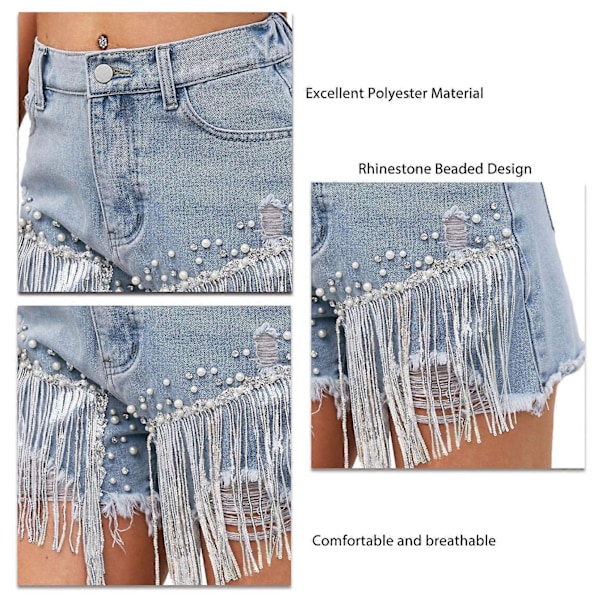 Dam Casual Shorts Polyester Bekväm Mjuk Strass Pärlbroderade Fringe Shorts för Shopping Blå L