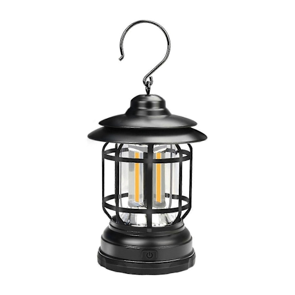 Bærbar Retro Campinglampe Oppladbar Bål med Krok for Fotturer, Fiske Black