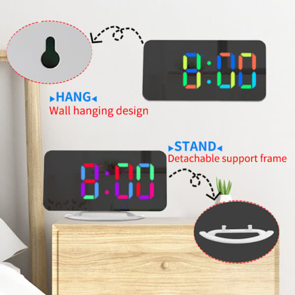 Digitaalinen herätyskello peilipinnalla, 3 kirkkaustasoa, RGB-värit