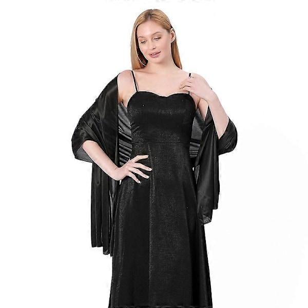 Dam Silke Satin Lång Sjal Omlott Lätt Solid Aftonklänning Bröllopssjal black