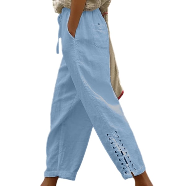 Casual bukser med elastisk midje, snøring, lommer og mansjetter med knyting, ensfarget sommerbukse for kvinner, streetwear Sky Blue M