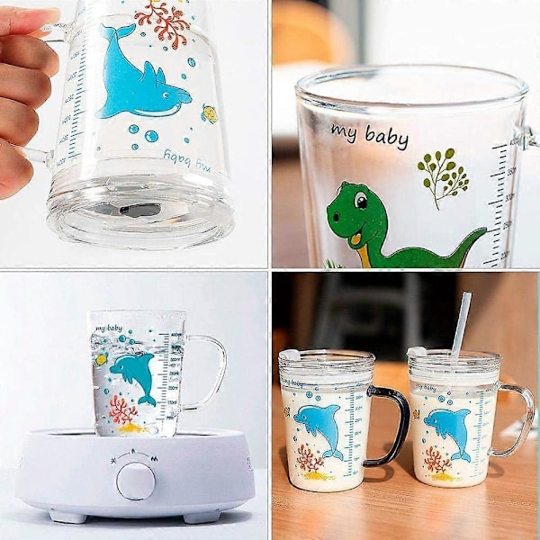 Børnemælkekop med sugerør, 400 ml Transparent Glas Lær-at-drikke Træningskop, Mikrobølgesikker Drikkekrus med Lækagesikkert Låg til Småbørn (#2)