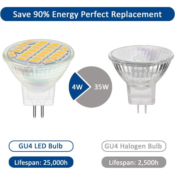 MR11 GU4 12V LED 4W Varmvit 3000K, 350LM, 120° 35mm MR11 35W Halogen motsvarande, AC DC 24V 12V GU4 Inbyggd LED-spotlight, 4 st