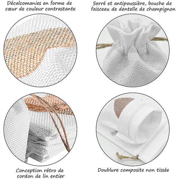 24 st. Hjärtformade Burlap-påsar 10*14cm, för Smyckeskrin Bröllopsdekorationer för Godisgåvor Dop Födelsedag Jul Små (Vit) A
