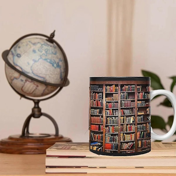 Bogkaffekrus, 3D Bogreol Krus, 3D Effekt Bog Krus, Kreativ Rumdesign Multifunktionelle Krus, Bogelskere Kaffeekrus, 11oz Bibliotek Bogreol Ce