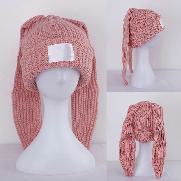 Kanin Stickad Mössa Skullies Beanie Långörad Hatt Vinter Varm Rolig Hatt Halloween Beige