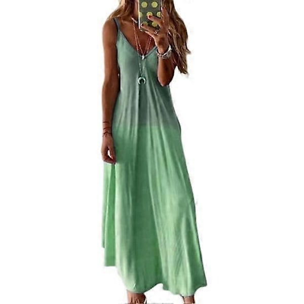 Sommer Vest Kjole V-hals Spaghetti Strop Gradient Farve Rygløs Ærmeløs Hverdagsbrug Løs A-linje Dame Stroppy Kjole Dametøj light green L