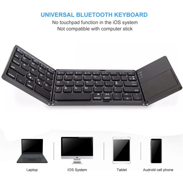 Tri-Fold Bluetooth-tastatur, Bluetooth Bærbar Mini Trådløst Tastatur med Touchpad Mus - Svart