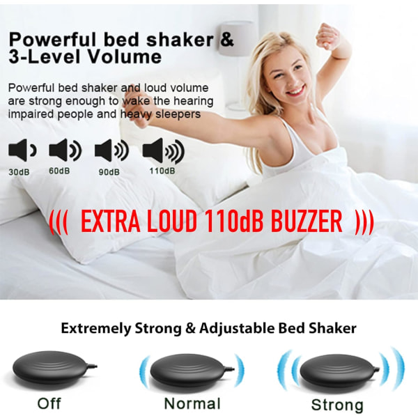 A5 super vibrerende vækkeur + super høj alarm, velegnet til tunge sovende/døve/hørehæmmede, super stort display sort