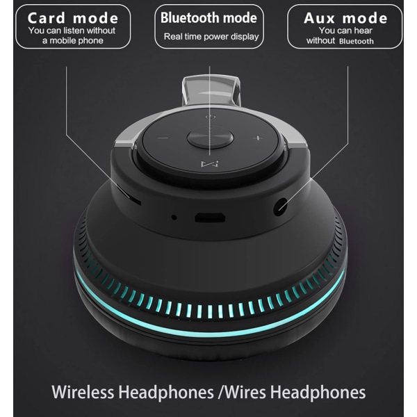 Bluetooth hörlurar Over Ear, LED Light Up Trådlösa hörlurar Over Ear Hi-Fi Stereo hopfällbara trådbundna hörlurar med mikrofonkompatibla (svart)