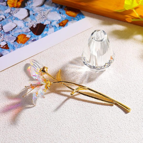 Kristallblomma Figur Lily Blomma Samlarobjekt Present till Kvinnor, Glas Lilium med Kristallvas Metallstam för Hem Bröllopsfest Dekor Clear