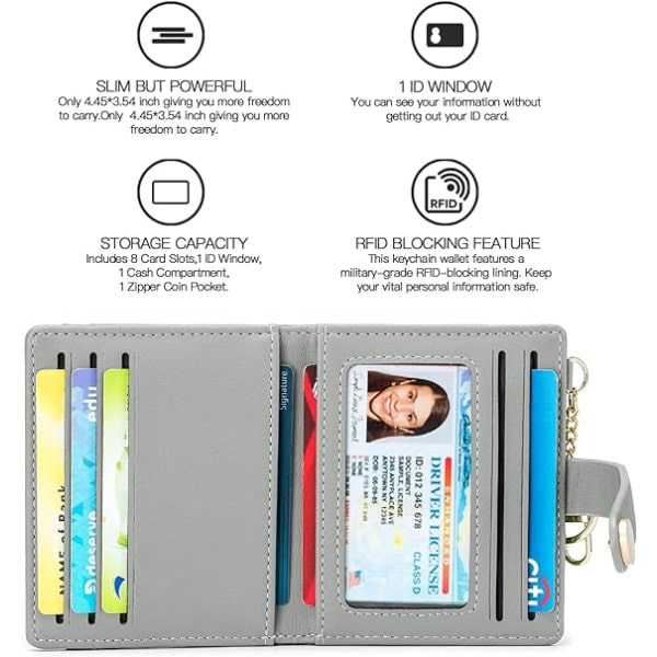 Naisten ohut lompakko RFID-estolla, kaksinkertainen korttikotelo vetoketjullisella kolikkotaskulla, henkilöllisyystodistuksen ikkunalla ja avainrenkaalla grey
