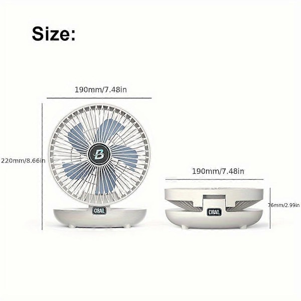 1 stk., Bærbar foldbar ventilator med genopladeligt batteri til vægmontering og luftcirkulation til RV udendørs camping picnic kontor rejse