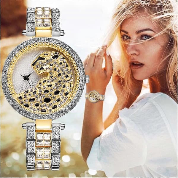 Guld Leopard Ur Bling Dame Quartz Ur Gold Silver