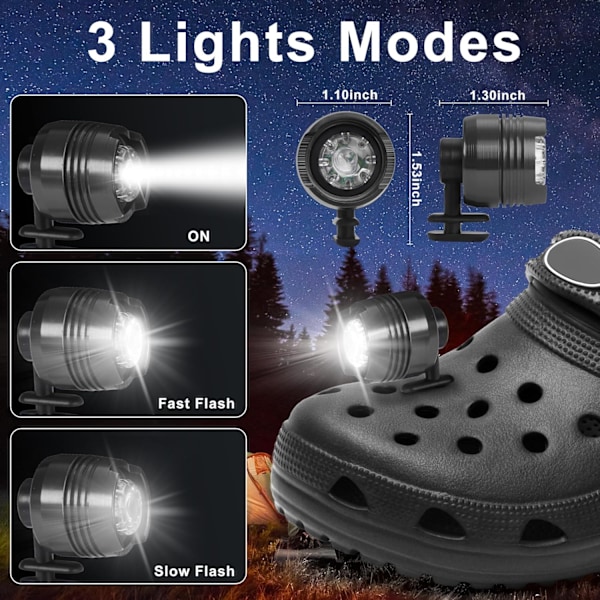 4 stk. hodelykter for Croc-sko, LED-lommelykt-tilbehør for voksne og barn, 3 moduser lommelykt (bare inkludert lys) Black