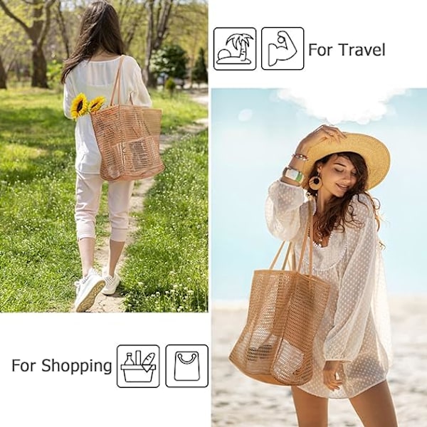 Sommerstrandveske, dame netting tote bag, stor casual skuldertaske med glidelås innerlomme for reise daglig basseng gym piknik Brown
