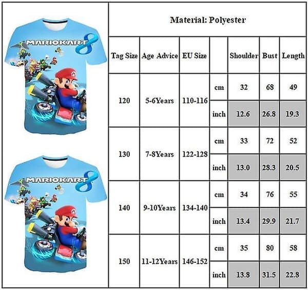 5-12 år Barn Super Mario Kart Trykte Topper T-skjorte 7-8Y
