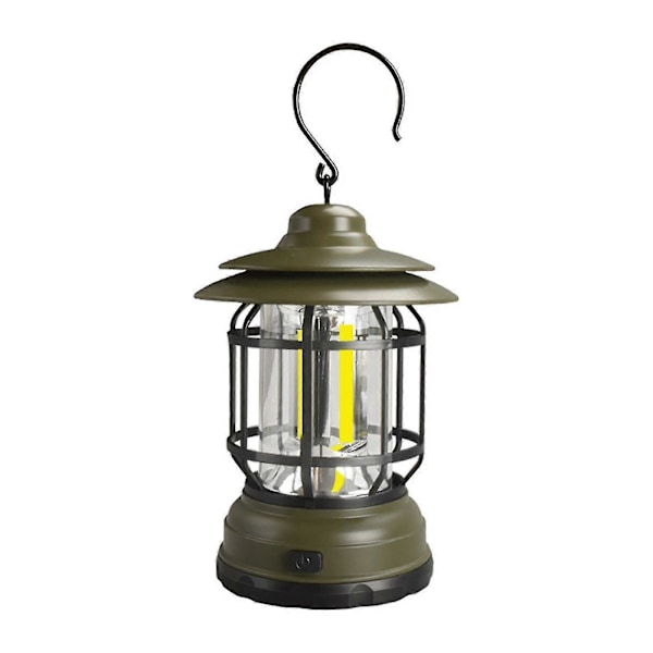 Bærbar Retro Campinglampe Oppladbar Bål med Krok for Fotturer, Fiske Green