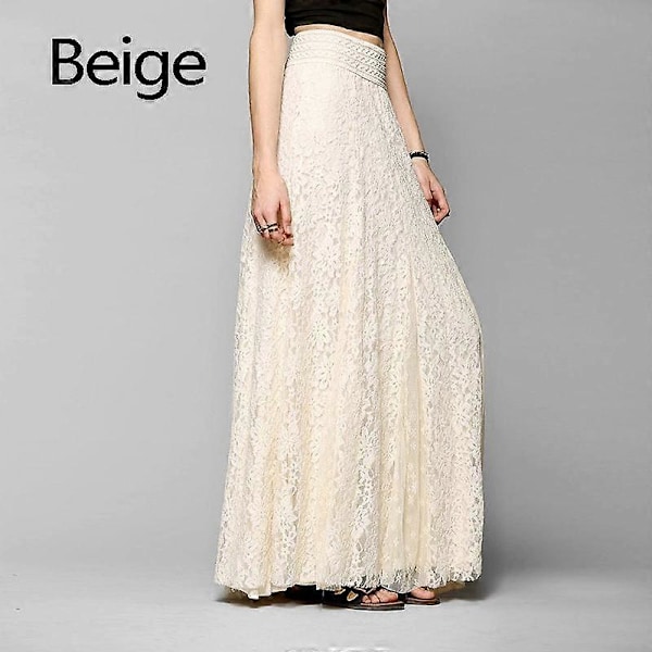 Naisten mekko Maxi Pitkä Pitsi Täysi Boho Hame Laskostettu Ranta Tylli Elegantti S-XL beige M