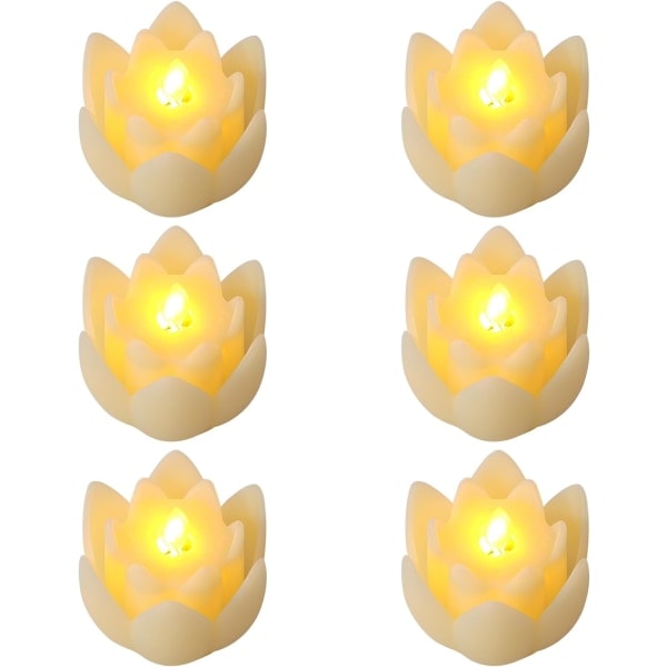 6 stk. LED Lotus Bordlampe, 7,5*3CM Lotus Lamper Elektroniske Buddhistiske Lys Batteridrevet Buddha Flimrende Varm Hvidt Lys